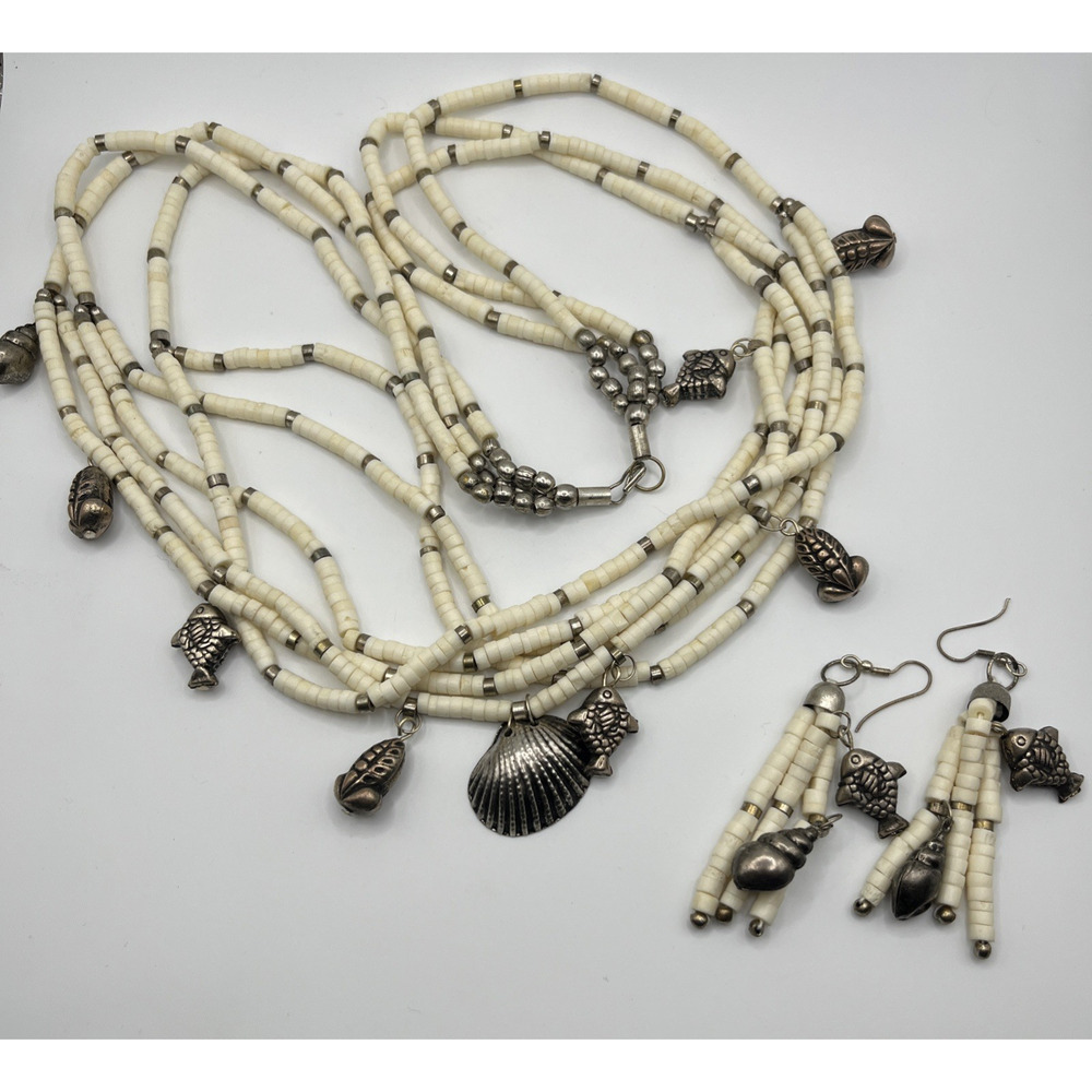 Multi Strand Shell Beaded Necklace Earrings Set w/ Sea Fish Charms Coastal Boho